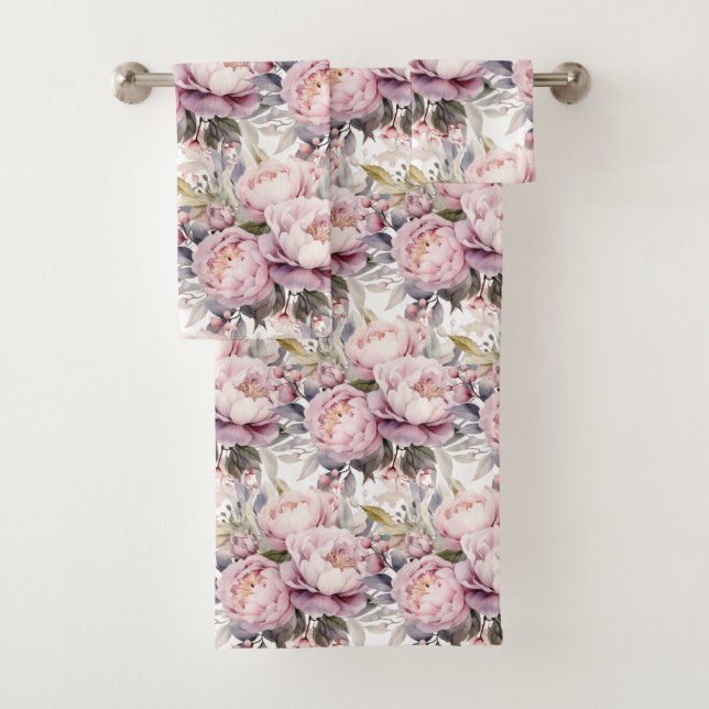 Elegant Light Pink Peonies Roses Floral Towel Set (Insitu)