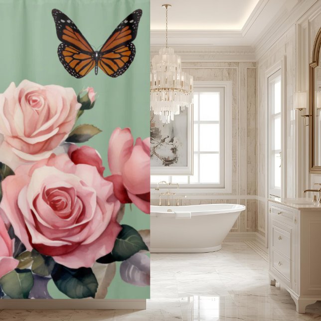 Elegant Light Pink Roses Butterfly Shower Curtain (Creator Uploaded)