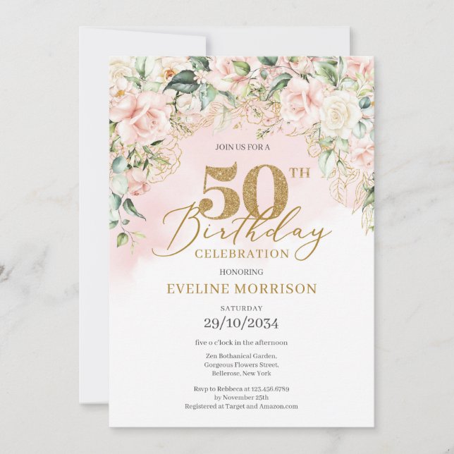 Elegant light pink roses green gold 50th birthday invitation (Front)