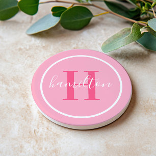 Elegant Light Pink Round Custom Monogram Initial Coaster