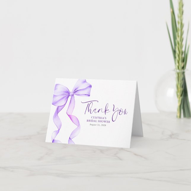 Elegant Light Purple Bow Bridal Shower Thank You Card (Front)
