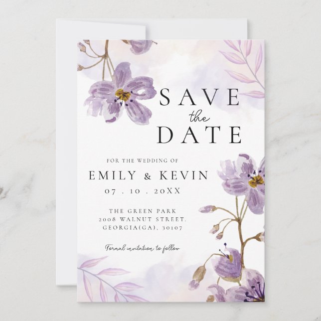 Elegant Light Purple Floral Wedding Save The Date (Front)