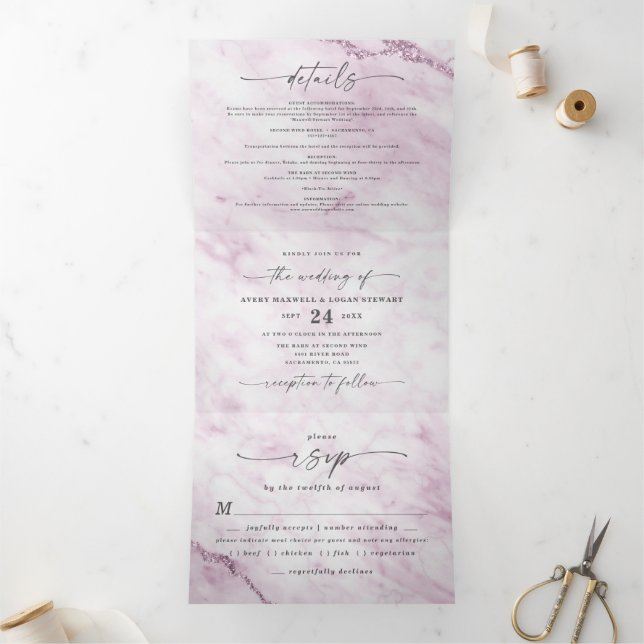 Elegant Light Purple Marble with Foil Wedding Tri-Fold Invitation (Inside)