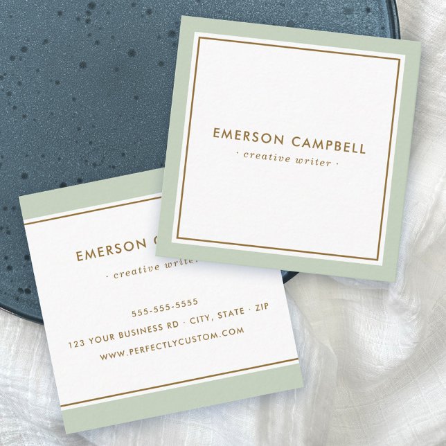 Elegant light sage green border minimal square business card (Creator Uploaded)