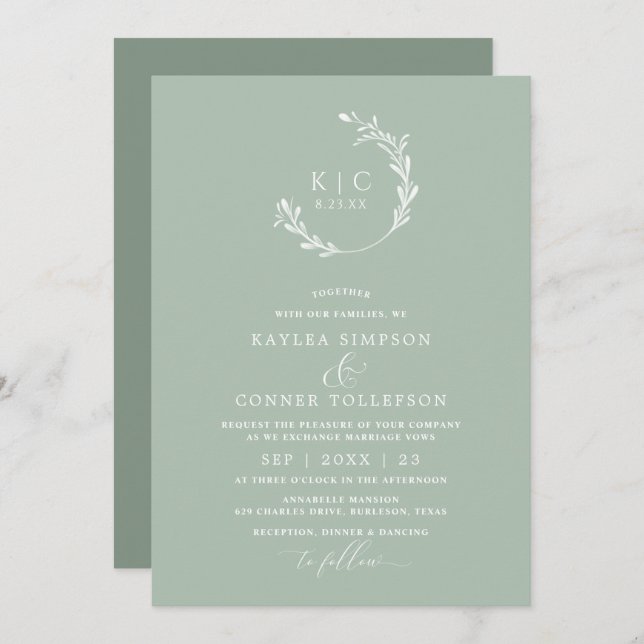 Elegant Light Sage Green Monochromatic Wedding Invitation (Front/Back)