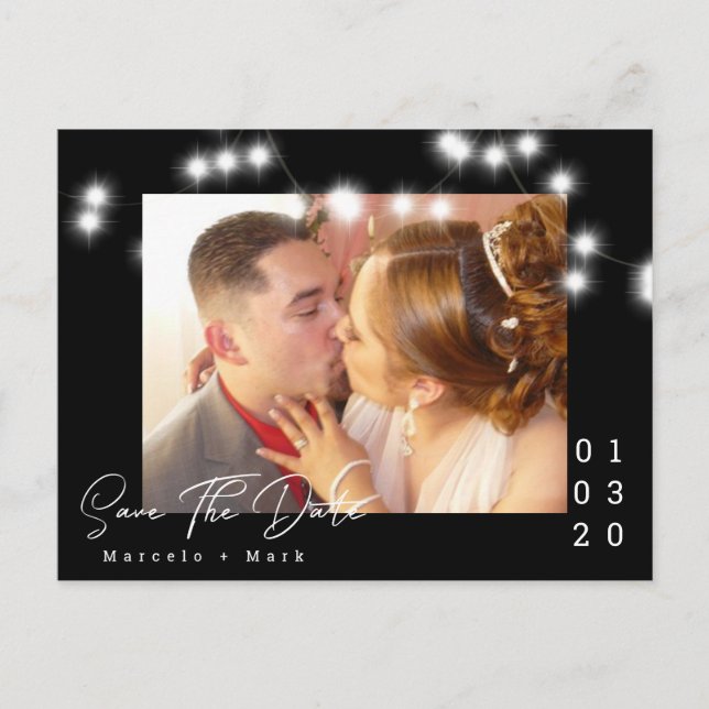 Elegant Light String Save the Date Script Postcard (Front)