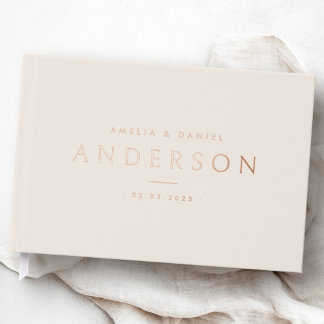 Elegant light tan brown wedding names date real guest book