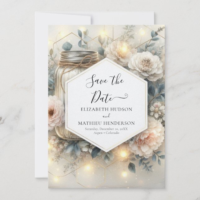 Elegant Lights Mason Jar Wedding  Save The Date (Front)