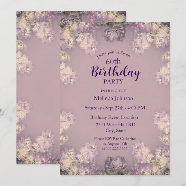 Elegant Lilac 60th Birthday Invitation (Front/Back)