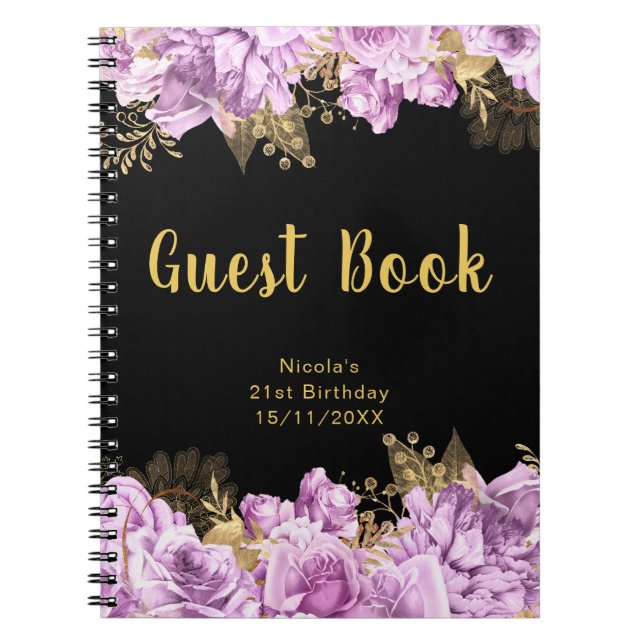 Elegant Lilac and Gold Flowers Birthday Guest Book (Front)