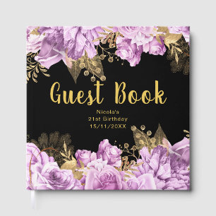 Elegant Lilac and Gold Flowers Birthday Party Guest Book