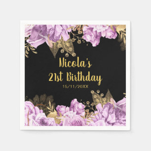 Elegant Lilac and Gold Flowers Birthday Party Napkin