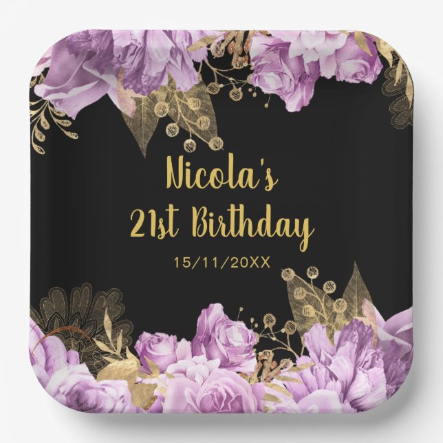 Elegant Lilac and Gold Flowers Birthday Party Paper Plate (Front)