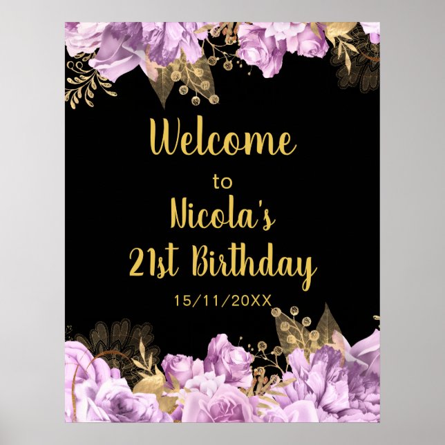Elegant Lilac and Gold Flowers Birthday Party Poster (Front)