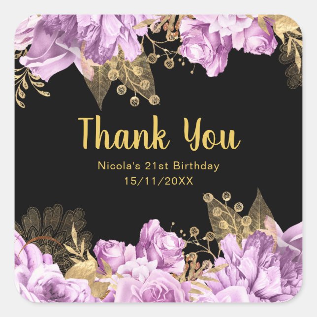 Elegant Lilac and Gold Flowers Birthday Party Square Sticker (Front)