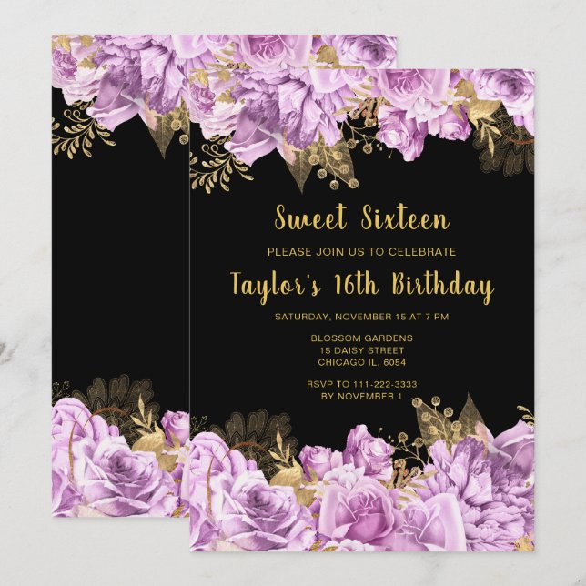 Elegant Lilac and Gold Flowers Sweet Sixteen Invitation (Front/Back)