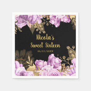 Elegant Lilac and Gold Flowers Sweet Sixteen Napkin