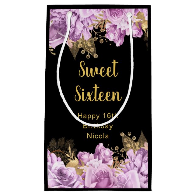 Elegant Lilac and Gold Flowers Sweet Sixteen Small Gift Bag (Front)