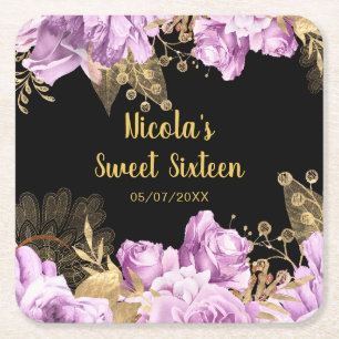 Elegant Lilac and Gold Flowers Sweet Sixteen Square Paper Coaster