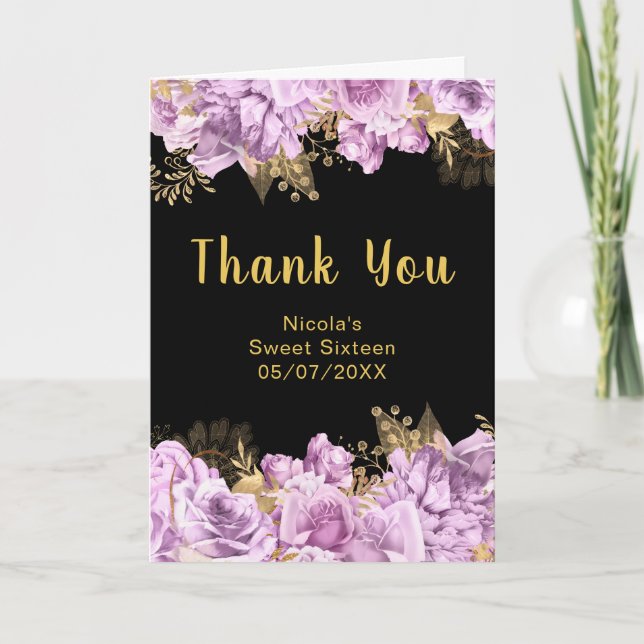 Elegant Lilac and Gold Flowers Sweet Sixteen Thank You Card (Front)