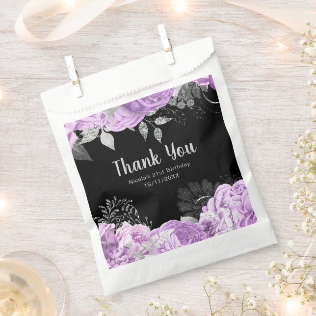 Elegant Lilac and Silver Flowers Birthday Party Favour Bag (Clipped)