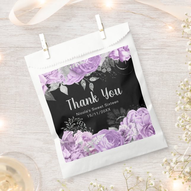 Elegant Lilac and Silver Flowers Sweet Sixteen Favour Bag (Clipped)