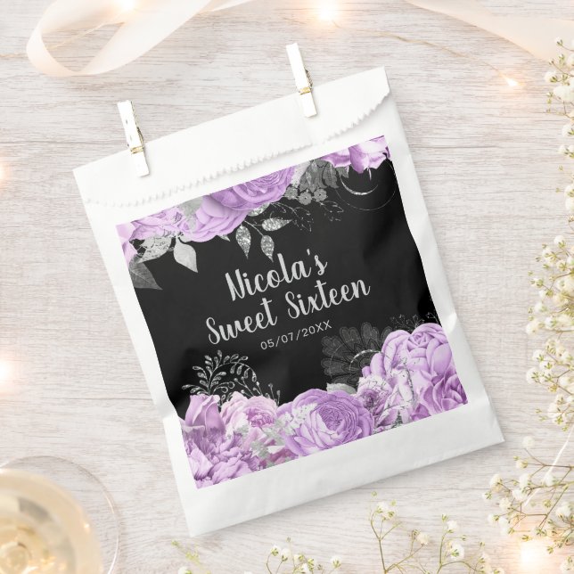Elegant Lilac and Silver Flowers Sweet Sixteen Favour Bag (Clipped)