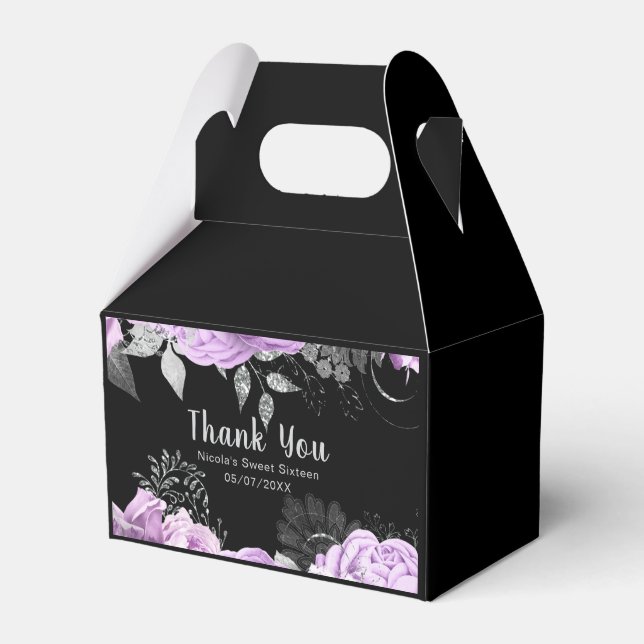 Elegant Lilac and Silver Flowers Sweet Sixteen Favour Box (Front Side)