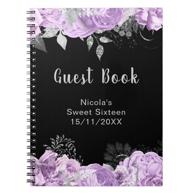 Elegant Lilac and Silver Flowers Sweet Sixteen Notebook (Front)