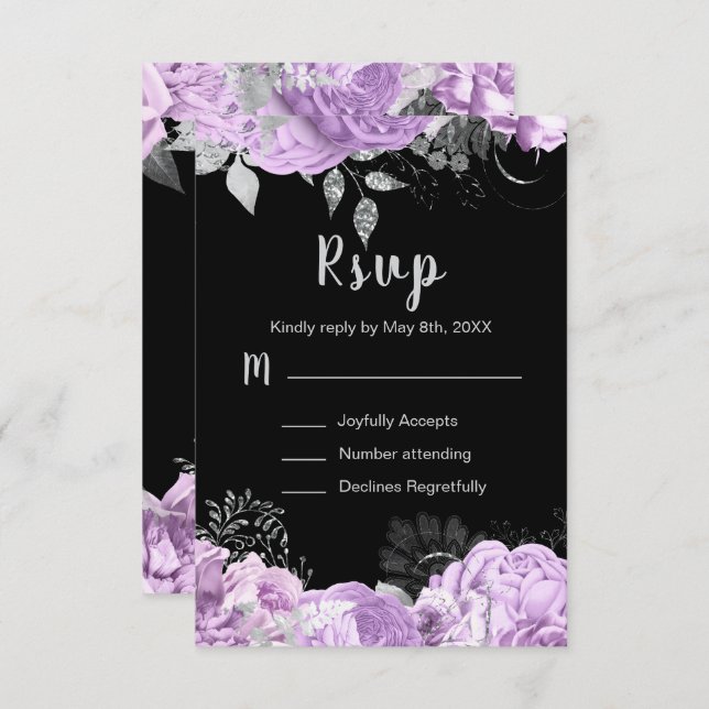 Elegant Lilac and Silver Flowers Sweet Sixteen RSVP Card (Front/Back)