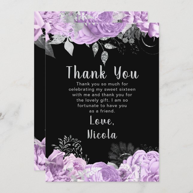 Elegant Lilac and Silver Flowers Sweet Sixteen Thank You Card (Front/Back)