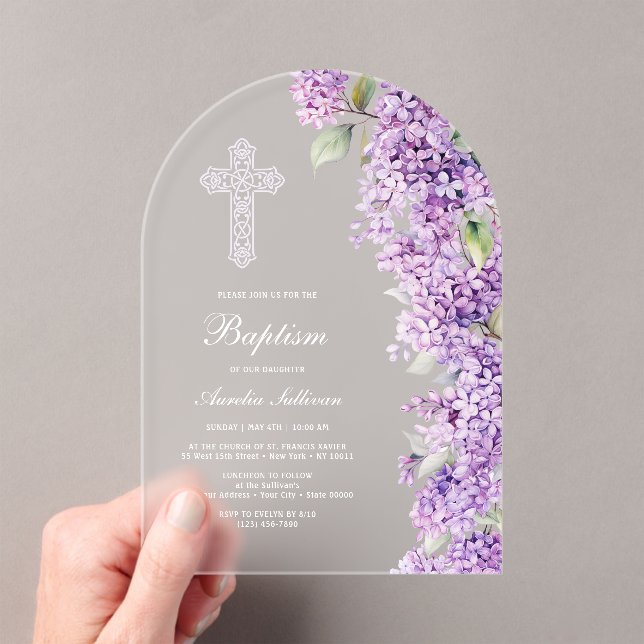 Elegant Lilac Arch Baptism Acrylic Invitations (Insitu (Handheld))