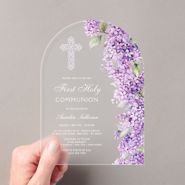 Elegant Lilac Arch First Communion Acrylic Invitations (Insitu (Handheld))