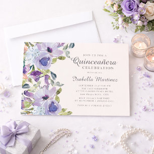Elegant Lilac Blue Floral Horizontal Quinceañera Invitation