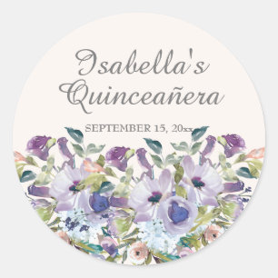 Elegant Lilac Blue Floral Quinceañera Name Date Classic Round Sticker