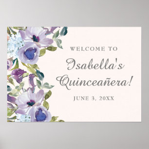 Elegant Lilac Blue Floral Quinceañera Welcome Poster