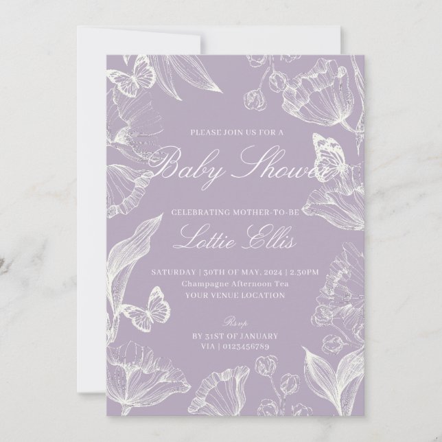Elegant Lilac Boho Chic Floral Girl Baby Shower Invitation (Front)