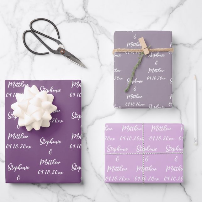 Elegant Lilac Bride Groom Names Weddings Wrapping Paper Sheet (Front)