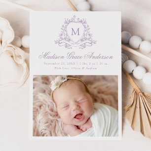 Elegant Lilac Floral Crest Monogram 4 Photo Birth Announcement