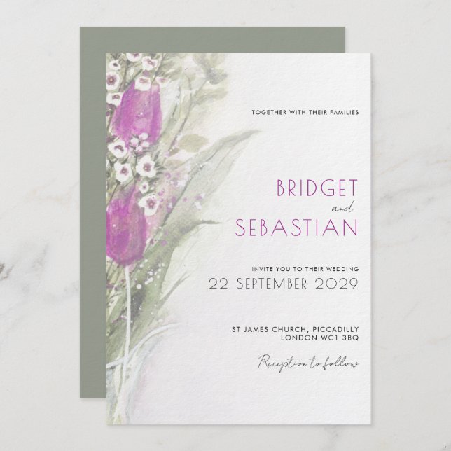 Elegant Lilac floral & sage Wedding Invitation (Front/Back)