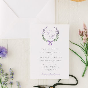 Elegant Lilac Floral Wreath & Bow Monogram Wedding Invitation
