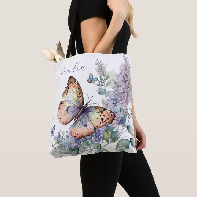 Elegant lilac flowers and Butterfly  Tote Bag (Close Up)