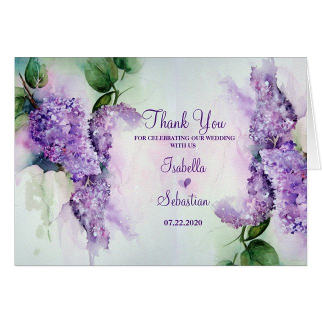 Elegant Lilac Flowers Wedding Thank You Card (Front Horizontal)