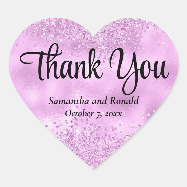 Elegant Lilac Glitter & Foil Wedding Thank You Heart Sticker (Front)