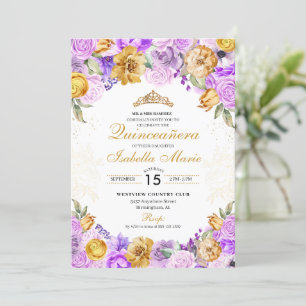 Elegant Lilac & Gold Floral Quinceanera Birthday Invitation