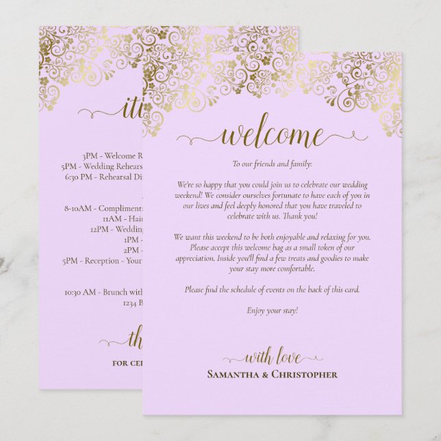 Elegant Lilac & Gold Wedding Welcome & Itinerary Program (Front/Back)