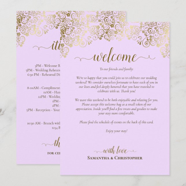 Elegant Lilac & Gold Wedding Welcome & Itinerary Program (Front/Back)