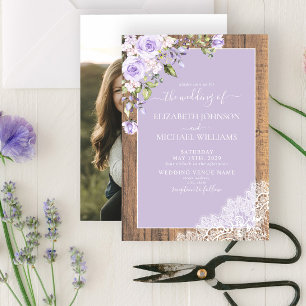 Elegant Lilac Lavender Rustic Lace Photo Wedding Invitation
