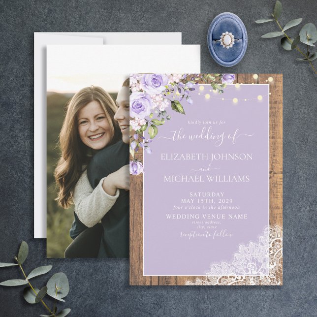 Elegant Lilac Lavender Rustic Lace Photo Wedding Invitation (Creator Uploaded)