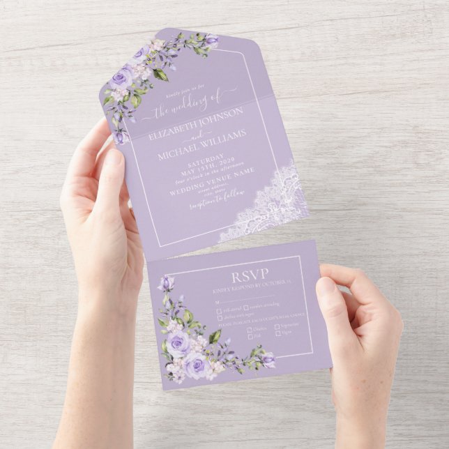 Elegant Lilac Lavender Rustic Lace Wedding All In One Invitation (Tearaway)